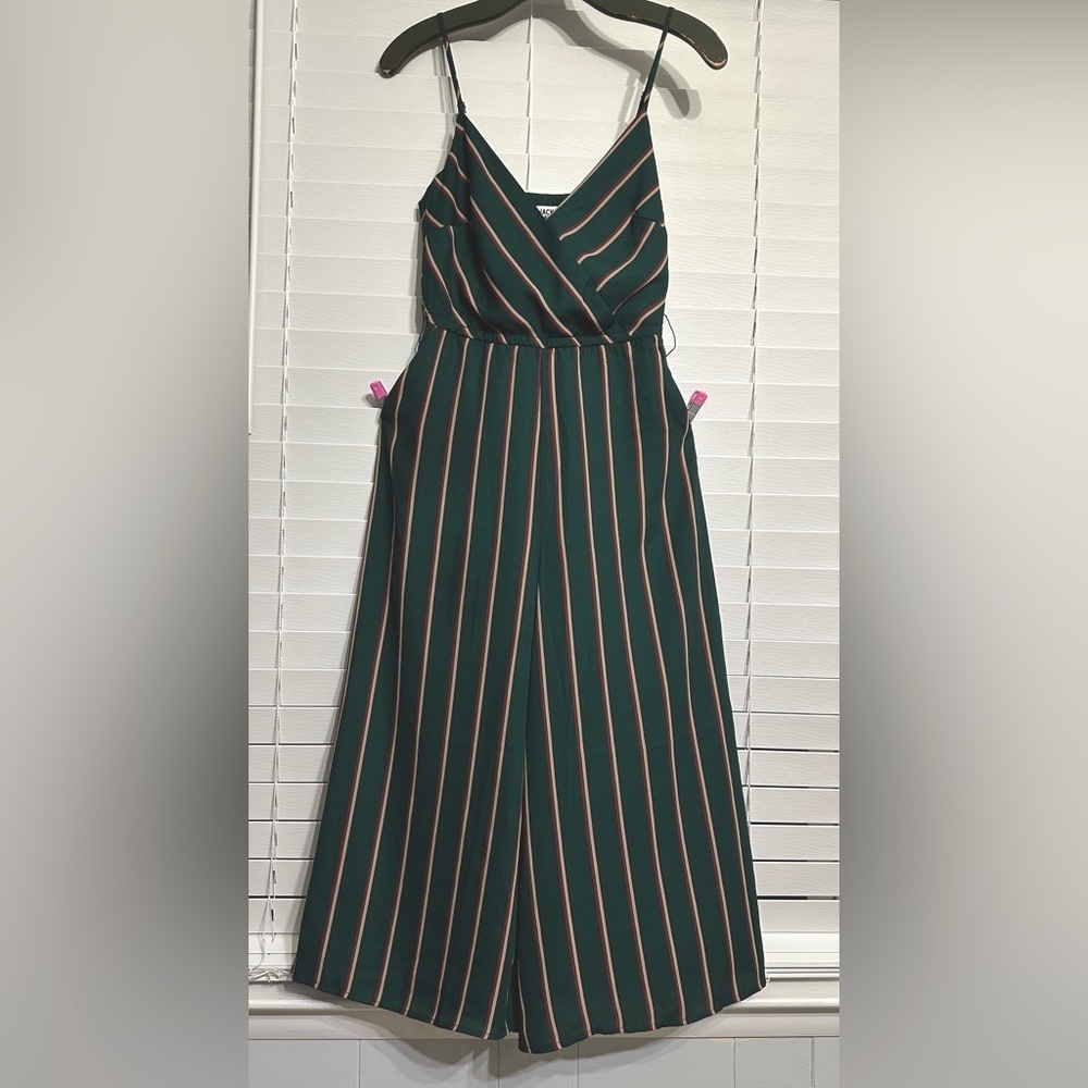 #11) Jack by BB Dakota hunter-green with Red,yellow striped crop-Jumpsuit